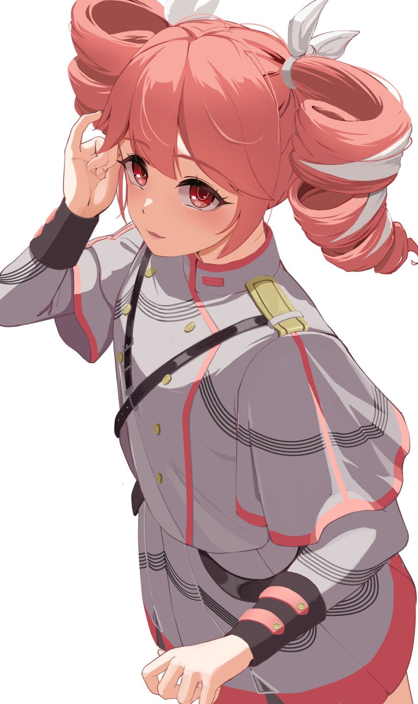 1girl artistic_error belt black_belt black_sleeve_cuffs blush bow bunny_lover buttons double-breasted drill_hair grey_jacket grey_skirt hair_between_eyes hair_bow hair_ribbon hand_up highres jacket kasane_teto kasane_teto_(sv) layered_sleeves long_sleeves looking_at_viewer musical_staff musical_staff_print red_eyes red_hair red_trim ribbon shoulder_belt shoulder_boards simple_background skirt solo striped_clothes synthesizer_v twin_drills utau white_background white_bow white_ribbon