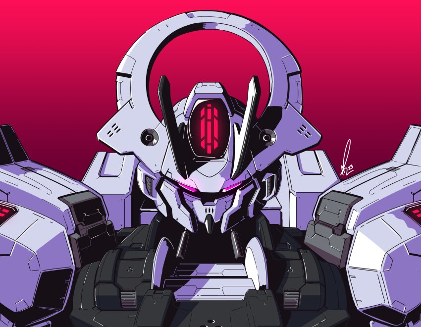 absurdres alex_(apdoodles) glowing glowing_eyes gundam gundam_schwarzette gundam_suisei_no_majo highres looking_at_viewer mecha no_humans piston portrait purple_eyes red_background robot shadow solo straight-on