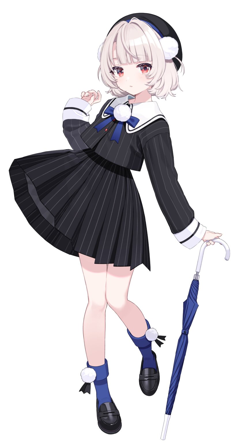 1girl absurdres beret black_jacket black_shoes black_skirt blue_socks blue_umbrella commentary_request hair_ornament hand_up hat highres holding holding_umbrella jacket loafers long_sleeves looking_at_viewer pinstripe_jacket pinstripe_pattern pinstripe_skirt pom_pom_(clothes) pom_pom_hair_ornament red_eyes sailor_collar second-party_source shigure_ui shoes short_hair simple_background skirt socks solo tachi-e ui_(voisona) umbrella voisona white_background white_hair white_sailor_collar