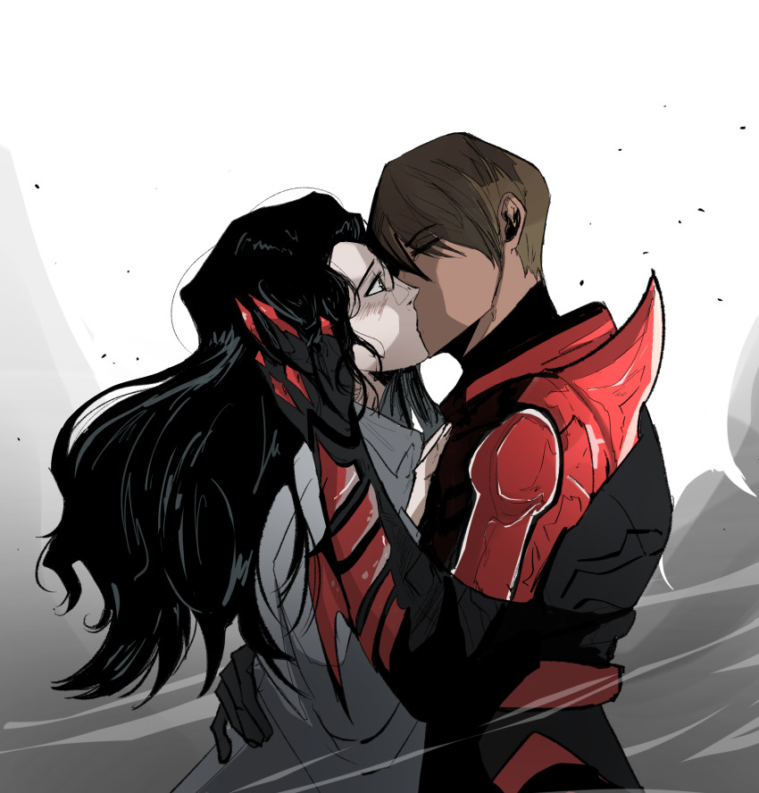 15mikaeruda 2girls absurdres armor black_hair blush bodysuit brown_hair claws closed_eyes coat couple dark-skinned_female dark_skin day_of_wrath_(infinitypilot) demon demon_girl doom_(2016) doom_(series) elena_richardson_(doom) elite_guard_(doom) fanfiction goodbye hair_over_one_eye hand_on_another&#039;s_back hand_on_another&#039;s_chest hand_on_another&#039;s_hip hand_on_another&#039;s_waist hand_on_back hand_on_own_chest hand_on_own_hip height_difference highres holding_detached_head hug kiss lab_coat long_hair monster_girl multiple_girls original pulling_another&#039;s_clothes raised_eyebrows red_armor red_background ruby_taylor_(day_of_wrath) sad scientist short_hair soldier warrior white_background white_coat yuri