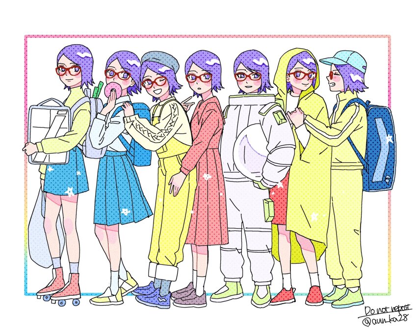 6+girls alternate_eye_color alternate_hair_color backpack bag baseball_cap blue_shoes boruto:_naruto_next_generations commentary donut food glasses green_shoes hat helmet high-waist_skirt highres holding holding_bag holding_food holding_unworn_helmet hood hood_up jacket medium_skirt miniskirt multiple_girls multiple_persona naruto_(series) one_eye_closed onka_(aun_ka28) overalls pants plastic_bag pleated_skirt purple_eyes purple_hair raincoat red-framed_eyewear red_serafuku red_skirt roller_skates school_uniform serafuku shoes short_hair skates skirt space_helmet spacesuit track_jacket track_pants track_suit twitter_username uchiha_sarada unworn_headwear unworn_helmet yellow_overalls yellow_raincoat yellow_shoes