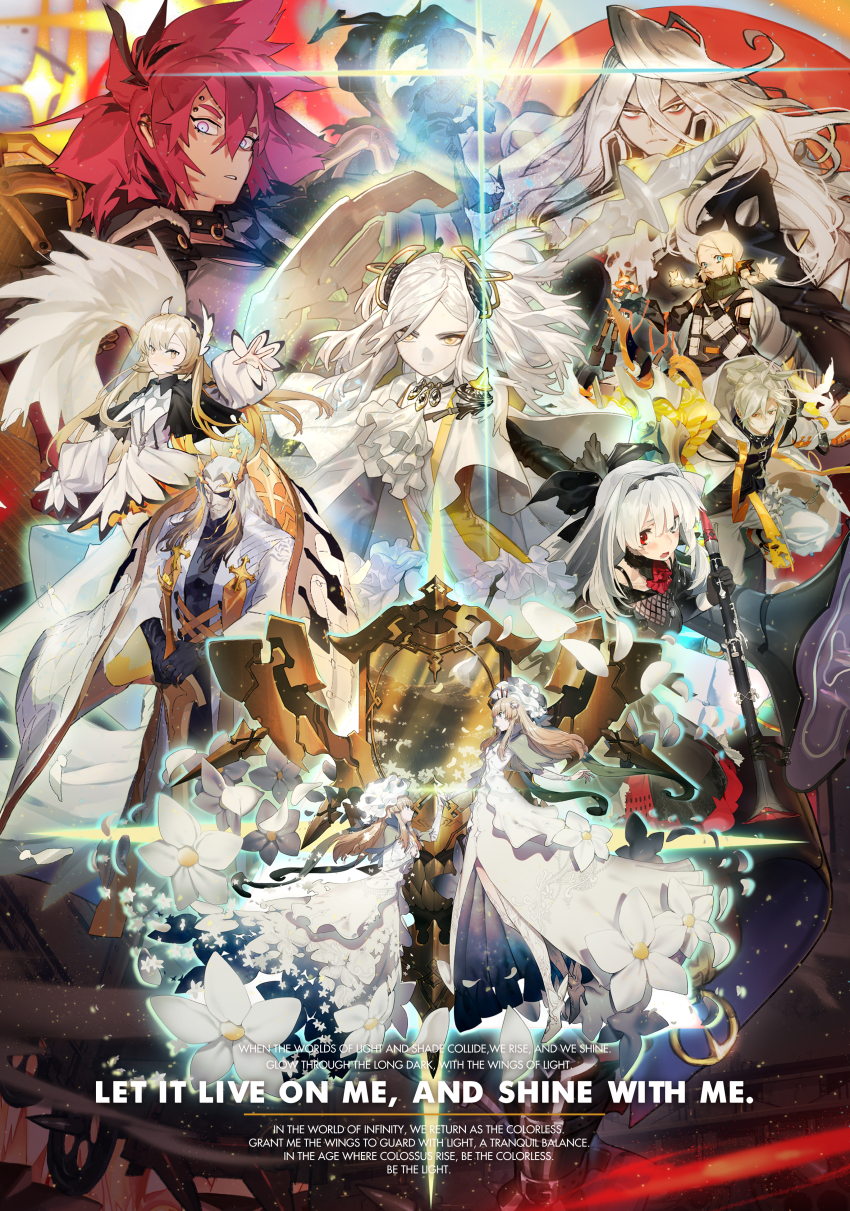 3boys 6+girls absurdres alchemy_stars angel_(alchemy_stars) blonde_hair braid carleen_(alchemy_stars) charon_(alchemy_stars) connolly_(alchemy_stars) dress english_text flower highres instrument joanie_boom_(alchemy_stars) jona_(alchemy_stars) long_dress long_hair mirror multiple_boys multiple_girls nikinis_(alchemy_stars) official_art red_eyes red_hair schwartz_(alchemy_stars) twin_braids vice_(alchemy_stars) white_hair yellow_eyes