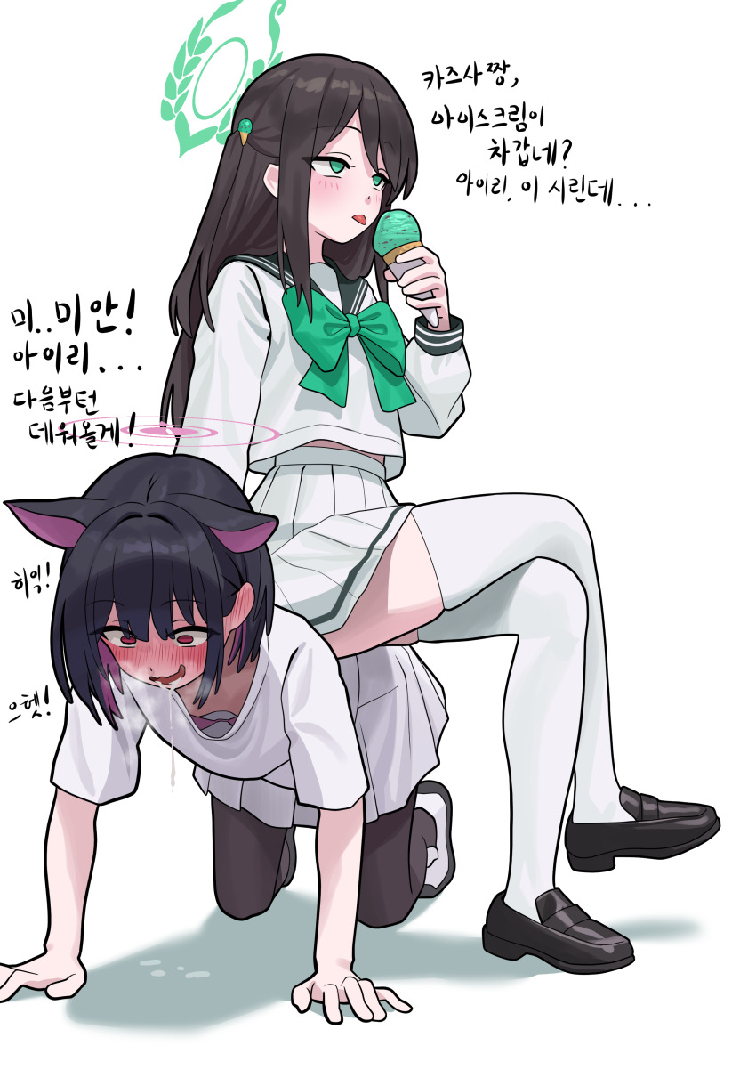 2girls absurdres airi_(blue_archive) all_fours animal_ears black_hair black_pantyhose blue_archive brown_hair cat_ears colored_inner_animal_ears colored_inner_hair extra_ears food food-themed_hair_ornament green_eyes green_halo green_sailor_collar hair_ornament halo highres holding holding_ice_cream_cone ice_cream ice_cream_cone ice_cream_hair_ornament kazusa_(blue_archive) korean_text loafers long_hair long_sleeves miniskirt mint_chocolate multicolored_hair multiple_girls okokorika pantyhose pink_hair pink_halo pleated_skirt sailor_collar school_uniform serafuku shirt shoes short_hair short_sleeves sitting sitting_on_person skirt thighhighs translation_request two-tone_hair white_serafuku white_shirt white_skirt white_thighhighs
