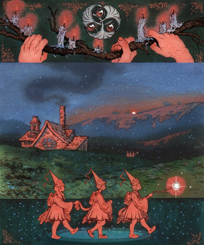 3boys architecture branch building candle child chimney dress from_side grass hat hennin highres holding holding_branch long_sleeves mountainous_horizon multiple_boys multiple_views night original outdoors painting_(medium) russian_commentary smoke standing traditional_media vinsenta walking watercolor_(medium)