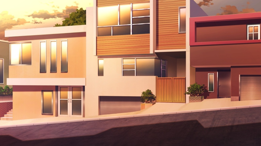 brick_wall bush cloud cloudy_sky fence garage gradient_sky highres house no_humans non-web_source official_art our_life:_beginnings_and_always outdoors plant potted_plant road scenery shadow sky stairs sunset variant_set window wooden_wall