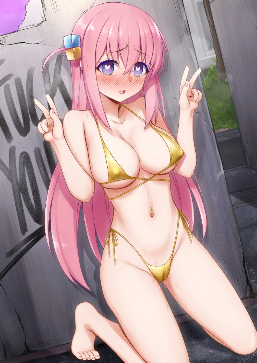 1girl absurdres barefoot bikini blue_eyes blush bocchi_the_rock! breasts cameltoe covered_erect_nipples cube_hair_ornament double_w exhibitionism gold_bikini golden_week gotoh_hitori graffiti hair_ornament heart heart-shaped_pupils highres kneeling large_breasts long_hair micro_bikini navel_piercing one_side_up open_mouth outdoors piercing pink_hair profanity public_indecency side-tie_bikini_bottom solo sweat swimsuit symbol-shaped_pupils thighs vahn_yourdoom variant_set very_long_hair w