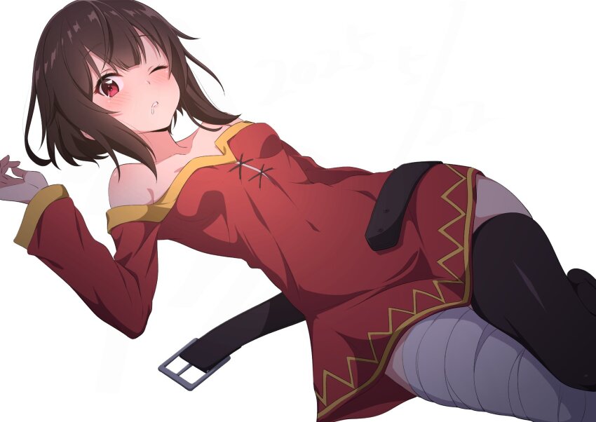 1girl asymmetrical_legwear bandaged_leg bandages belt black_belt black_thighhighs blush breasts brown_hair commentary covered_navel dress drooling feet_out_of_frame highres kono_subarashii_sekai_ni_shukufuku_wo! long_sleeves looking_at_viewer lying megumin mismatched_legwear mouth_drool nishizuki_shino no_headwear off-shoulder_dress off_shoulder one_eye_closed open_belt parted_lips red_dress red_eyes short_hair single_thighhigh small_breasts solo thighhighs white_background