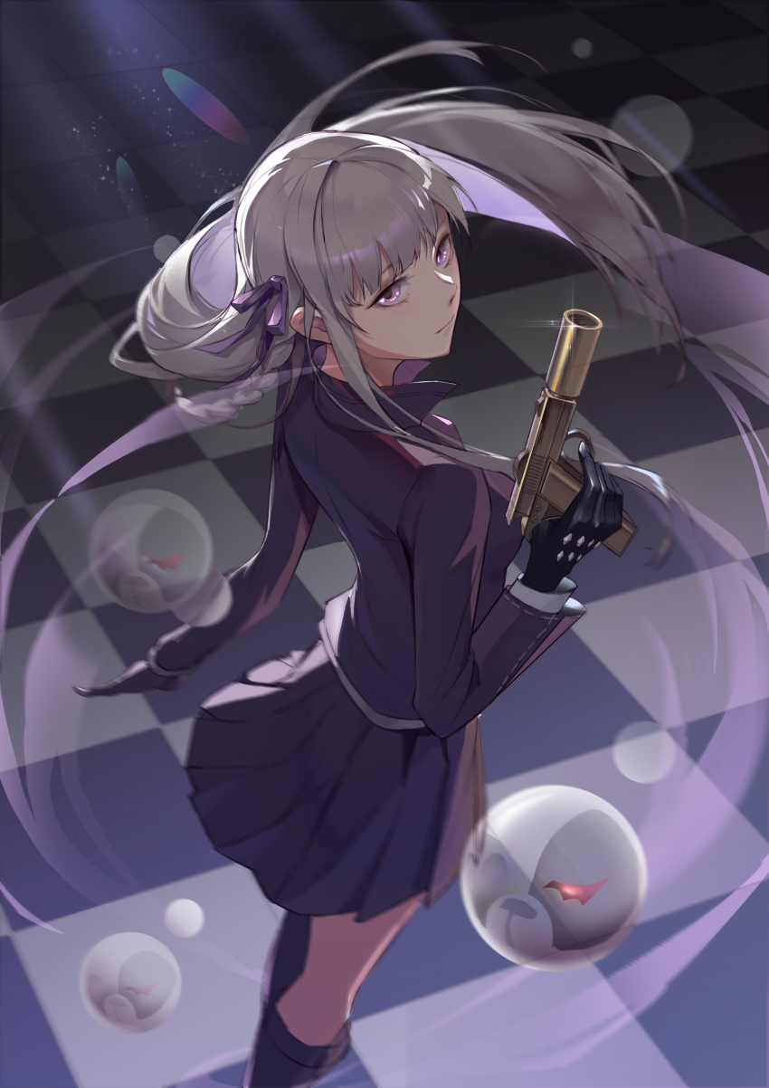 1girl absurdres bebai black_gloves black_shirt black_skirt boots braid closed_mouth danganronpa:_trigger_happy_havoc danganronpa_(series) gloves gun hair_ribbon hand_up handgun highres holding holding_gun holding_weapon kirigiri_kyoko knee_boots looking_at_viewer pleated_skirt purple_boots purple_eyes purple_hair purple_ribbon ribbon shirt single_braid skirt solo weapon
