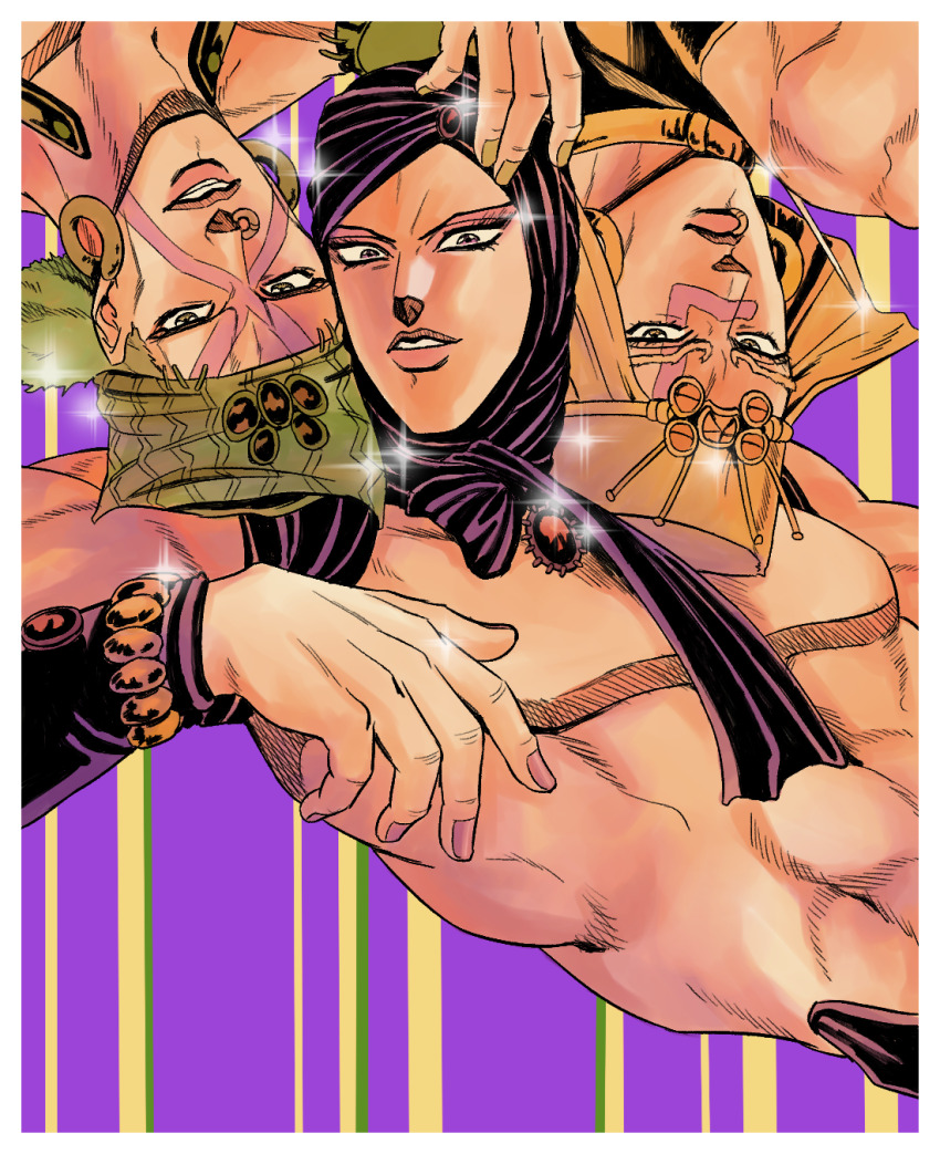 3boys battle_tendency bracelet earrings esidisi facial_mark hage_tashuumi headscarf highres hoop_earrings jewelry jojo_no_kimyou_na_bouken kars_(jojo) lip_piercing lip_ring male_focus multiple_boys muscular muscular_male official_style parody pink_nails sparkle topless_male turban upside-down wamuu yellow_nails