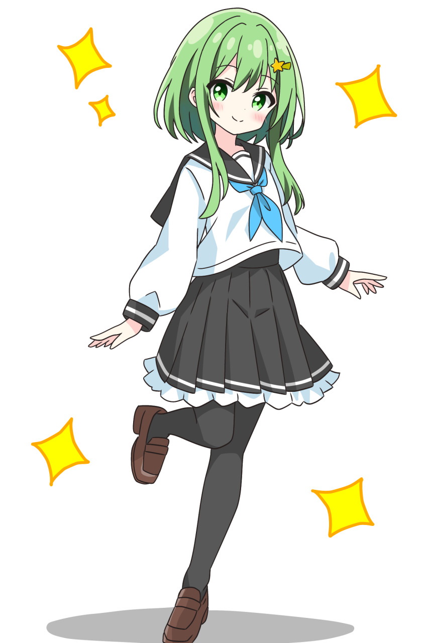 1girl black_pantyhose black_sailor_collar black_skirt blue_neckerchief blush brown_shoes closed_mouth commentary_request dot_nose frilled_skirt frills full_body green_eyes green_hair hair_ornament highres kotatsu-mazoku long_sidelocks long_sleeves looking_at_viewer neckerchief original pantyhose pleated_skirt sailor_collar school_uniform serafuku shirt shoes shooting_star_hair_ornament short_hair_with_long_locks sidelocks simple_background skirt smile solo sparkle standing standing_on_one_leg star_(symbol) star_hair_ornament white_background white_shirt