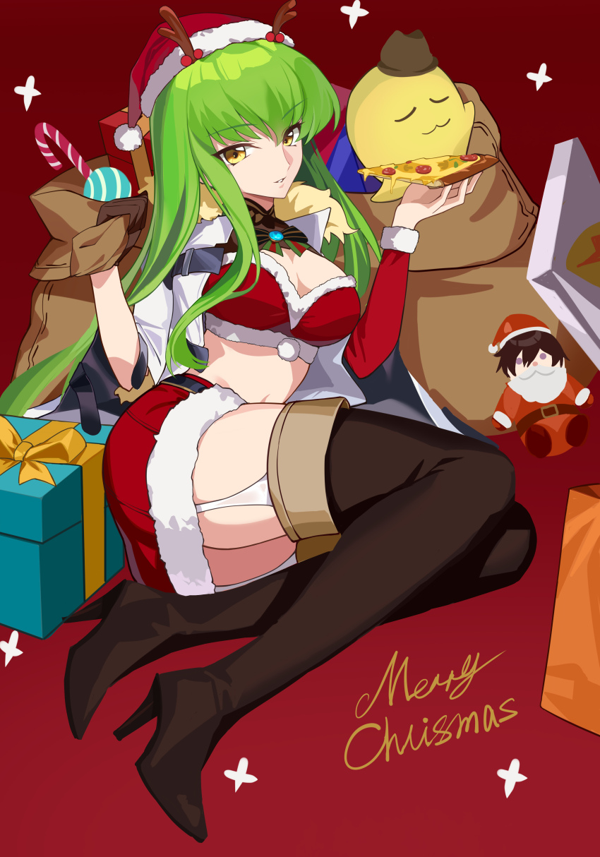 1girl absurdres bikini black_hair boots box breasts c.c. candy candy_cane character_doll cheese-kun christmas cleavage code_geass commentary eyelashes food gift gift_box green_hair hair_between_eyes hat high_heel_boots high_heels highres holding holding_food holding_pizza holding_sack legwear_garter lelouch_vi_britannia long_hair looking_at_viewer medium_breasts merry_christmas peacekeeper.45 pizza pizza_slice purple_eyes red_background sack santa_bikini santa_costume santa_hat smile solo star_(symbol) swimsuit thigh_boots thighhighs thighs very_long_hair yellow_eyes