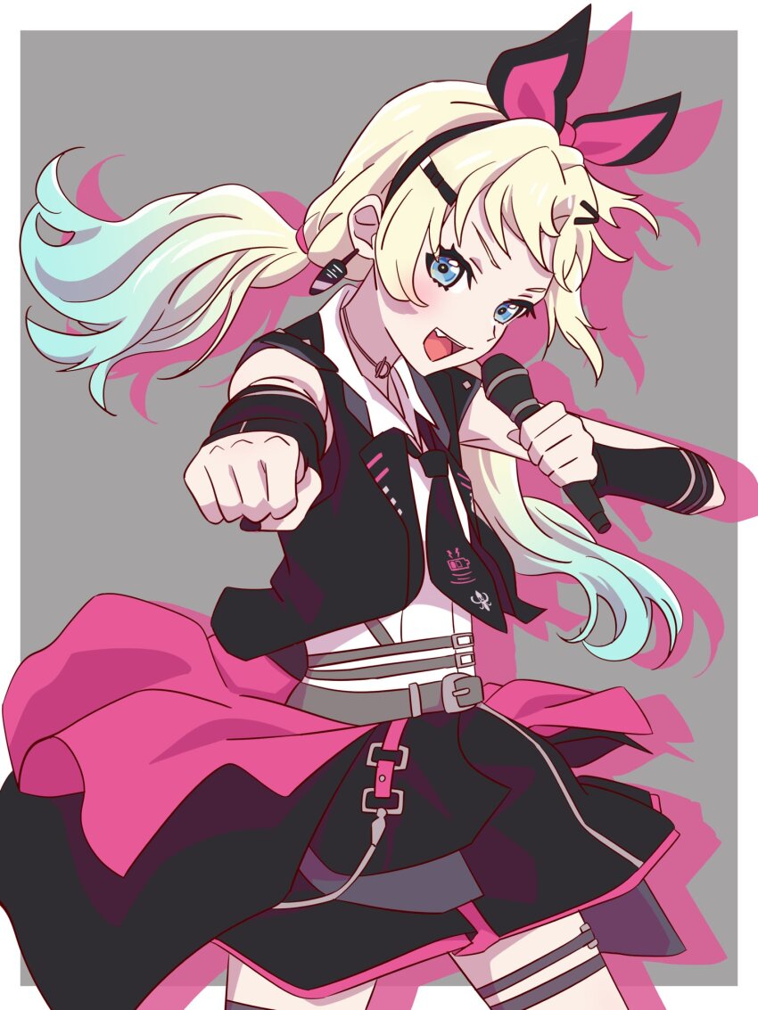 1girl :d black_jacket black_necktie black_skirt blonde_hair blue_eyes blue_hair border choker clenched_hands collared_shirt commentary cowboy_shot drop_shadow earrings fang flat_chest gradient_hair grey_background highres holding holding_microphone i_do_me!_(love_live!) jacket jewelry link!_like!_love_live! long_hair looking_at_viewer love_live! low_twintails microphone miniskirt multicolored_hair multiple_thigh_straps myrain56991013 necktie o-ring o-ring_choker official_alternate_costume official_alternate_hairstyle open_clothes open_jacket open_mouth osawa_rurino outside_border pleated_skirt shirt simple_background skirt sleeveless sleeveless_jacket smile solo teeth twintails upper_teeth_only v-shaped_eyebrows virtual_youtuber white_border white_shirt