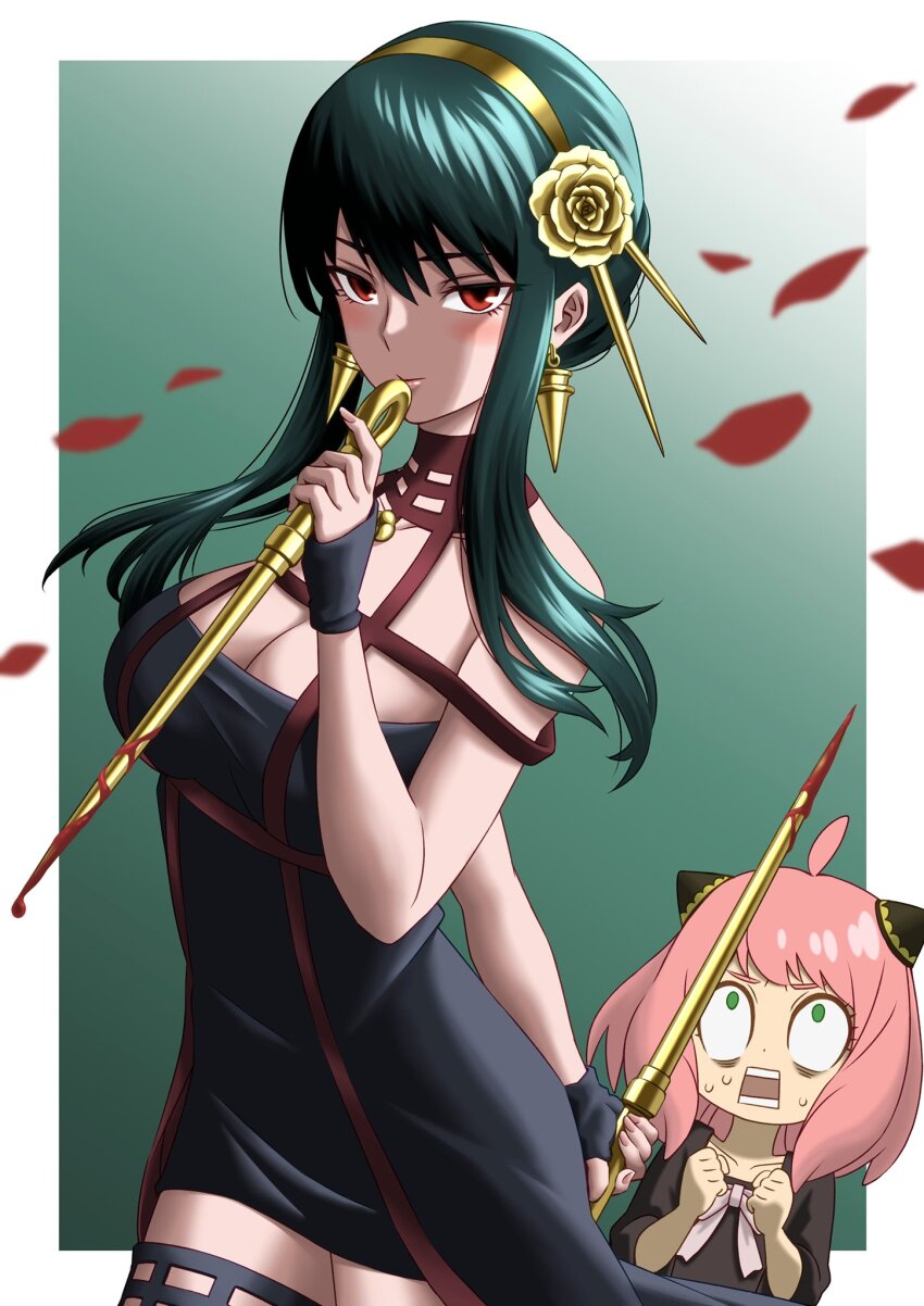 2girls ahoge anya_(spy_x_family) bare_shoulders black_dress black_gloves black_hair blood bloody_weapon blush border breasts child cleavage closed_mouth commentary_request cowboy_shot dagger dress earrings falling_petals fingerless_gloves flower_hairband gloves gold_earrings gold_hairband gradient_background green_eyes hairband highres holding holding_weapon jewelry knife large_breasts long_hair looking_at_another looking_at_viewer masatoshi_1219 medium_hair multiple_girls nervous_sweating open_mouth outside_border petals pink_hair red_eyes red_petals sidelocks spy_x_family stiletto_(weapon) sweat weapon white_border yor_briar