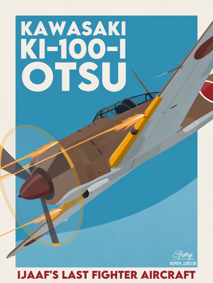 absurdres aircraft airplane artist_name blue_background border english_text flying highres imperial_japanese_army ki-100 military military_vehicle no_humans original propeller propeller_fighter roundel spiny_(spiny_lobster) twitter_username vehicle_focus vehicle_name white_border world_war_ii