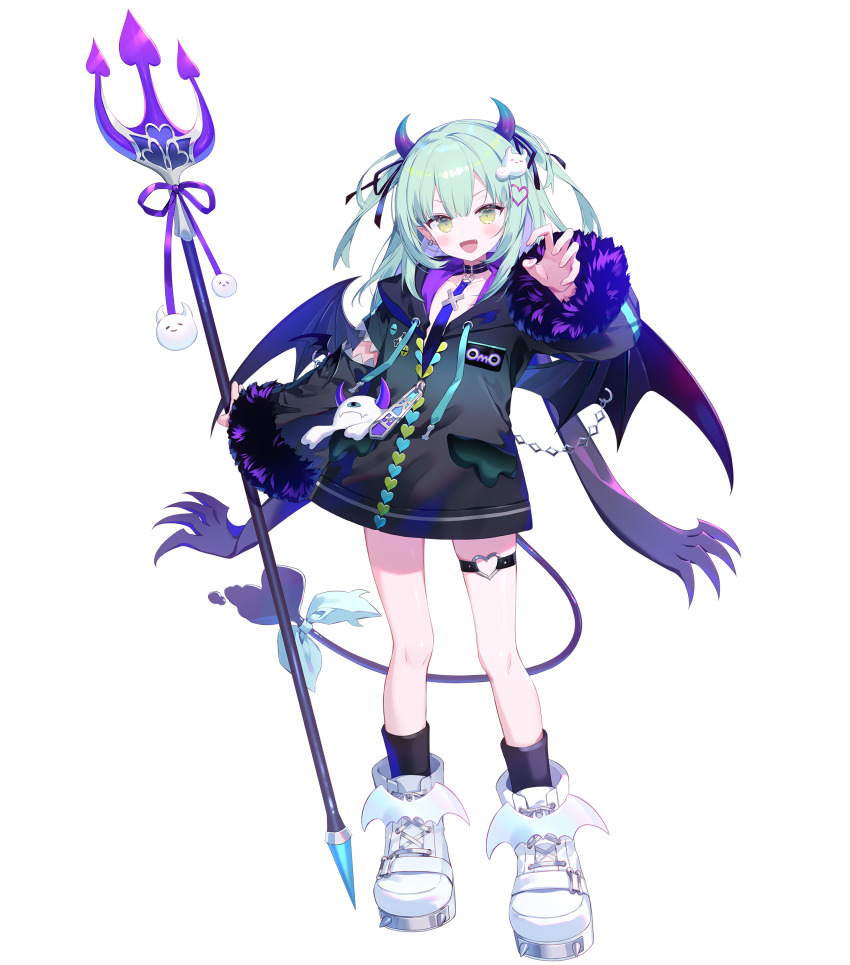 1girl :d absurdres demon_horns demon_tail demon_wings fang full_body green_eyes green_hair hair_ornament heart heart_hair_ornament heart_o-ring highres holding holding_pitchfork horns ibara_riato o-ring official_art omo_chitamu open_mouth pitchfork pointy_ears shoes simple_background smile solo specialite_(company) standing tail thigh_strap tongue transparent_background two_side_up virtual_youtuber white_shoes wings zipper_pull_tab