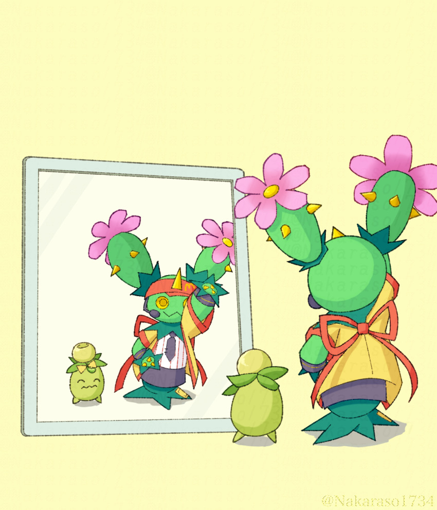 :3 arm_up closed_mouth clothed_pokemon commentary_request cosplay gen_5_pokemon headset highres imadake_dabuchi_tabemi imadake_dabuchi_tabemi_(cosplay) jacket maractus mcdonald&#039;s mirror nakaraso_(xtns3483) necktie nintendo pokemon pokemon_(creature) reflection shirt skirt smile smoliv standing visor_cap yellow_eyes yellow_jacket