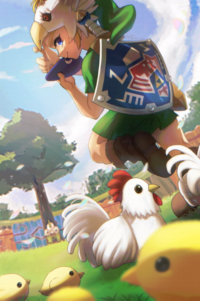 1boy absurdres ao_haruki bird blue_eyes blue_sky boots brown_boots chick chicken child closed_mouth cucco dutch_angle fisheye from_behind grass green_hat green_tunic hat highres holding holding_instrument instrument link looking_at_viewer looking_back mask nintendo ocarina shield shield_on_back shirt short_sleeves sky smile solo sword sword_on_back the_legend_of_zelda the_legend_of_zelda:_majora&#039;s_mask tree tunic walking weapon weapon_on_back white_shirt young_link