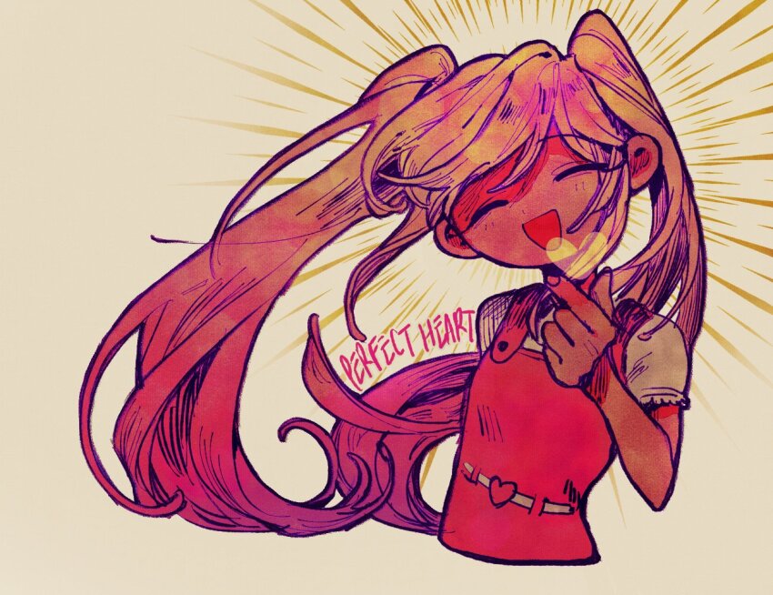 1girl :d ^_^ belt brown_background closed_eyes cropped_torso dark-skinned_female dark_skin dress emphasis_lines facing_viewer finger_heart fingernails hair_behind_ear heart heart_belt long_hair machine_backup omori open_mouth perfectheart_(omori) pink_dress pink_hair shirt short_sleeves simple_background smile solo twintails white_belt white_shirt wind