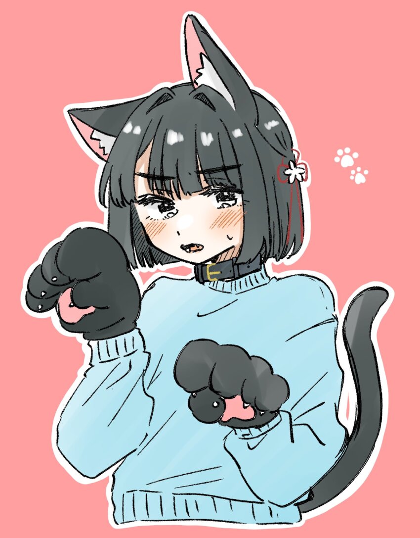 1girl animal_collar animal_ear_fluff animal_ears animal_hands belt_collar black_collar black_hair blue_sweater blunt_bangs blunt_ends blush bob_cut cat_day cat_ears cat_girl cat_tail collar commentary cropped_torso embarrassed fang flower flower_knot gloves hair_flower hair_ornament highres kemonomimi_mode link!_like!_love_live! looking_at_viewer love_live! momose_ginko open_mouth paw_gloves paw_pose paw_print pink_background puripuri_hurai short_hair simple_background solo sweatdrop sweater tail virtual_youtuber