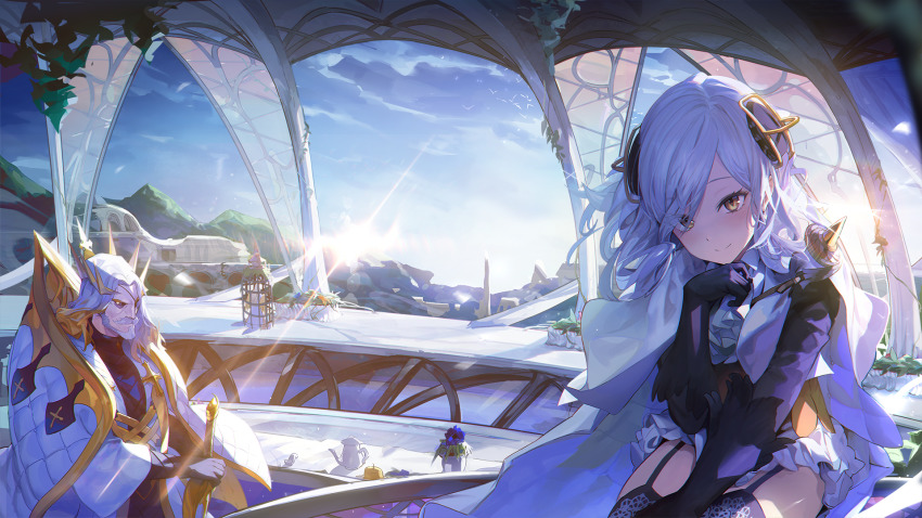 1boy 2girls alchemy_stars ascot bird black_gloves black_legwear black_shirt blue_sky cage cape carleen_(alchemy_stars) closed_mouth cloud commentary_request crown diffraction_spikes elbow_gloves eyepatch eyes_visible_through_hair facial_hair gabriel_(alchemy_stars) garter_straps gloves goatee gradient_hair hair_ornament hand_up highres holding holding_sword holding_weapon korean_commentary lens_flare long_hair looking_at_viewer mountain multicolored_hair multiple_girls mustache orange_eyes orange_hair plant potted_plant robe schwartz_(alchemy_stars) shirt sitting sky smile sword teapot thighhighs uthy weapon white_ascot white_cape white_hair white_robe