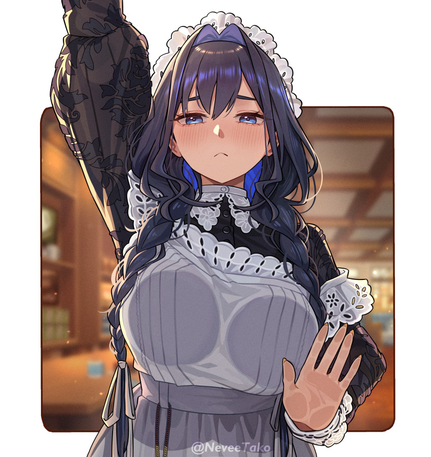 1girl absurdres against_fourth_wall arm_up black_hair blue_eyes blue_hair blush braid breast_press breasts colored_inner_hair commentary english_commentary fingernails frown hair_between_eyes hair_intakes highres hololive hololive_english large_breasts long_fingernails long_hair low_twin_braids maid maid_headdress multicolored_hair nevee ouro_kronii ouro_kronii_(maid) solo twin_braids twitter_username virtual_youtuber