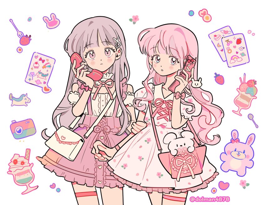 2girls antique_phone armband bad_link bag bag_ribbon blue_eyes blunt_bangs borrowed_character buttons camera cellphone collar collared_dress commission cowboy_shot cross-laced_clothes detached_collar dolman_(dm) doodle_inset dot_nose dress flip_phone floral_print food frilled_bag frilled_collar frilled_dress frilled_sleeves frills fruit grey_hair hand_up heart heart_button highres holding holding_another&#039;s_arm holding_phone ice_cream legs_together light_blush light_frown long_hair multicolored_eyes multiple_girls neck_ribbon off-shoulder_shirt off_shoulder original overall_skirt parted_lips phone pink_armband pink_bag pink_eyes pink_hair pink_ribbon pink_skirt polaroid_camera puffy_short_sleeves puffy_sleeves ribbon shirt shirt_tucked_in short_sleeves shoulder_bag side-by-side sidelocks skirt spaghetti_strap standing sticker strawberry stuffed_animal stuffed_toy sundae talking_on_phone thigh_strap twitter_username two-tone_eyes wavy_hair white_bag white_dress wrist_bow
