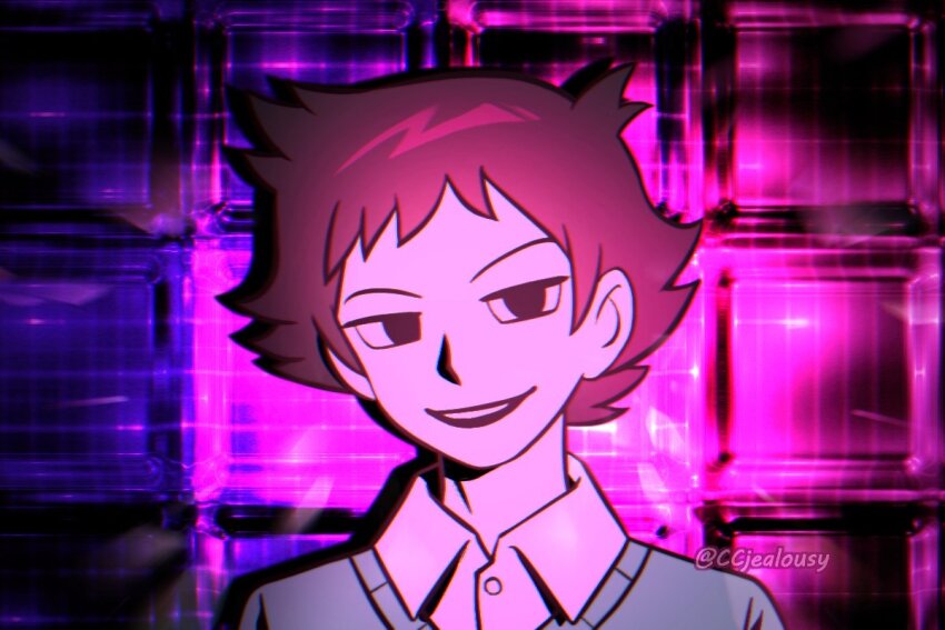 1boy black_eyes black_hair blue_sweater commentary czy_(2894456992) male_focus multicolored_background open_mouth portrait scott_pilgrim_(series) smile solo sweater twitter_username wallace_wells