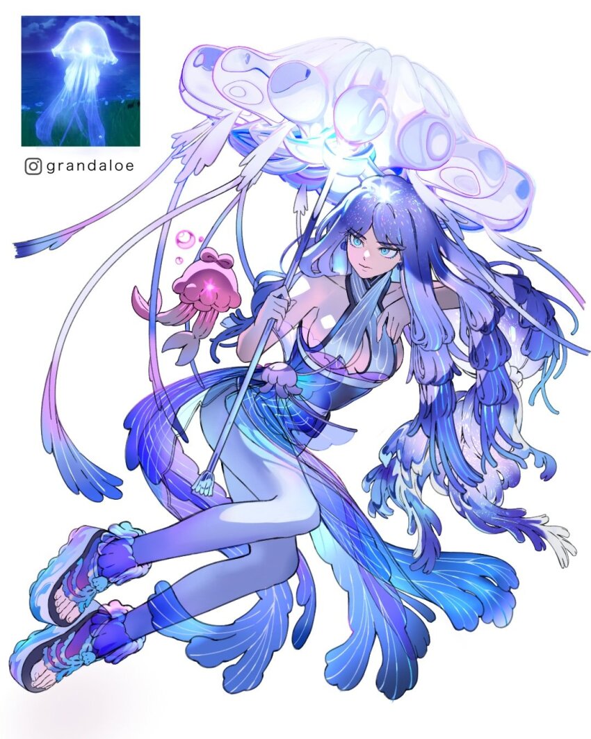 1girl aqua_eyes bare_shoulders blue_hair blue_pantyhose breasts cleavage closed_mouth collarbone commentary criss-cross_halter english_commentary full_body game_screenshot_inset genshin_impact grandaloe halterneck hands_up highres holding instagram_logo instagram_username jellyfish large_breasts long_hair pantyhose platform_sandals reference_inset sangonomiya_kokomi sideboob simple_background solo toenails very_long_hair white_background