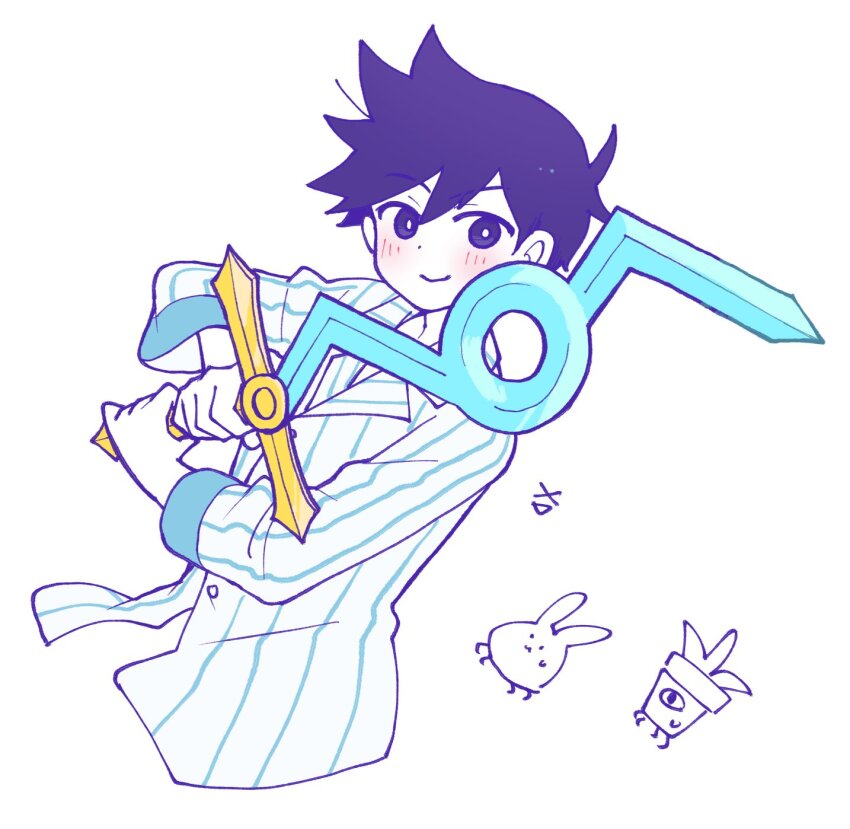 &gt;_&lt; 1boy :d blush bright_pupils bug_bunny_(omori) buttons closed_mouth colored_skin cropped_torso doroidsan double-parted_bangs hair_behind_ear hair_between_eyes hero_(headspace)_(omori) hero_(omori) highres holding holding_sword holding_weapon long_sleeves looking_at_viewer male_focus omori open_mouth potted_plant_(omori) purple_eyes purple_hair shirt short_hair simple_background smile solo striped_clothes striped_shirt sword v-shaped_eyebrows vertical-striped_clothes vertical-striped_shirt very_short_hair weapon white_background white_pupils white_shirt white_skin xd