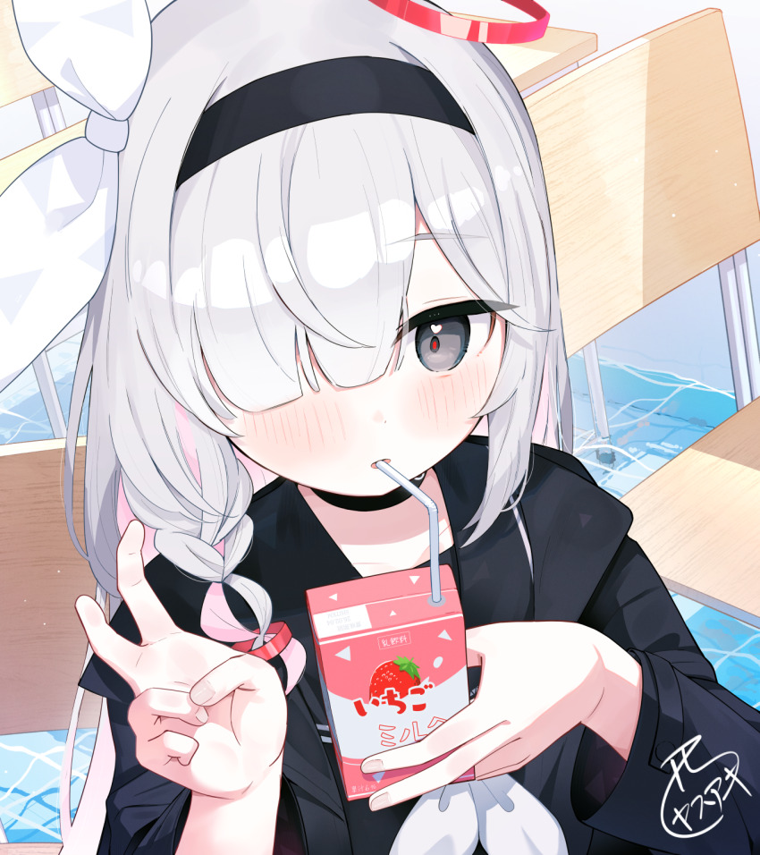 1girl black_choker black_eyes black_hairband black_serafuku blue_archive blush carton choker drinking hair_over_one_eye hairband halo highres long_hair looking_at_viewer nishi_yasuaki plana_(blue_archive) red_halo red_pupils school_uniform serafuku solo white_hair