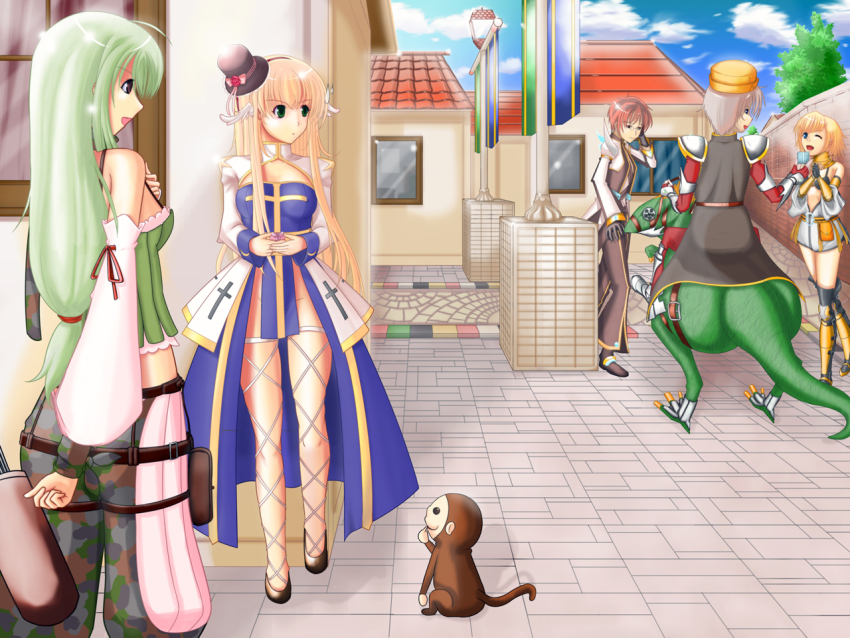 1girl 2000s_(style) 2boys 3girls arch_bishop_(ragnarok_online) banner black_gloves blonde_hair blue_dress blue_sky breasts brown_hat brown_shoes camouflage camouflage_shorts cape city cleavage_cutout clothing_cutout cloud commentary_request cross cross_print detached_sleeves dress ferus_(ragnarok_online) fishnet_thighhighs fishnets full_body gloves green_eyes green_hair green_shorts green_tube_top grey_cape grey_hair grey_pants hat in-universe_location jumpsuit kaisu lamppost long_hair long_sleeves looking_afar mechanic_(ragnarok_online) medium_breasts mini_hat mini_top_hat monkey multiple_boys multiple_girls no_panties official_alternate_costume outdoors pants pink_hair prototype_design quiver ragnarok_online ranger_(ragnarok_online) red_shirt riding_dragon rune_knight_(ragnarok_online) sash shirt shoes shorts sky solo standing strapless thighhighs top_hat tree tube_top two-tone_dress warlock_(ragnarok_online) white_dress white_jumpsuit white_sleeves white_thighhighs yellow_sash