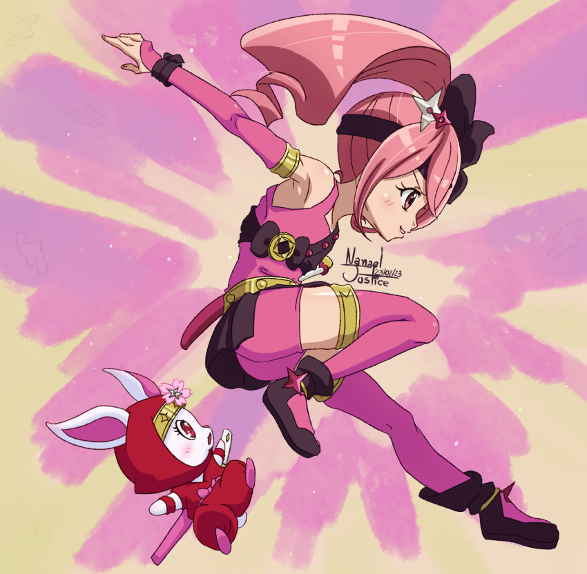 2girls animal_ears animal_nose armpits artist_name ass blush bow dated flat_chest full_body gem highres japanese_clothes jewelpet_(series) jewelpet_kira_deco! jewelry multiple_girls nanaeljustice ninja oomiya_pink open_mouth pink_eyes pink_hair ponytail rabbit red_eyes ruby_(jewelpet) sanrio shuriken simple_background smile sword tail thick_thighs thighs weapon white_fur