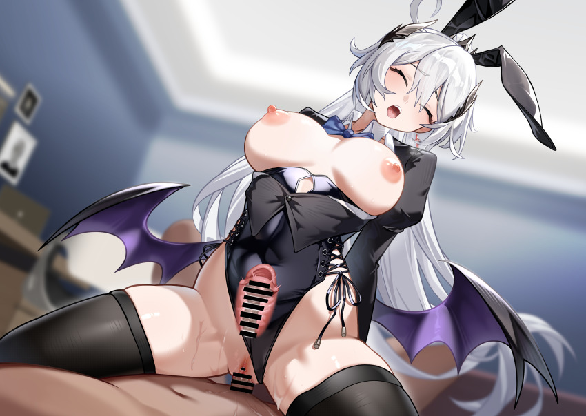1boy 1girl absurdres animal_ears black_leotard blank_censor blue_eyes breasts censored cleavage detached_collar fake_animal_ears girl_on_top hetero highres honkai_(series) honkai_impact_3rd huiqian kiana_kaslana kiana_kaslana_(herrscher_of_flamescion) large_breasts leotard nipples open_mouth playboy_bunny ponytail pussy rabbit_ears sitting sitting_on_person spread_legs strapless thighhighs vaginal white_hair