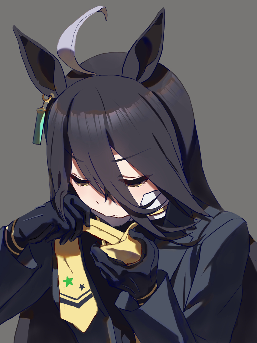 1girl absurdres adjusting_clothes adjusting_necktie ahoge animal_ears black_gloves black_jacket closed_eyes collared_shirt commentary_request earrings gloves grey_background hair_between_eyes highres horse_ears horse_girl jacket jewelry long_hair long_sleeves manhattan_cafe_(umamusume) multicolored_hair necktie no_uwazumi shirt simple_background single_earring solo streaked_hair umamusume upper_body white_hair yellow_necktie