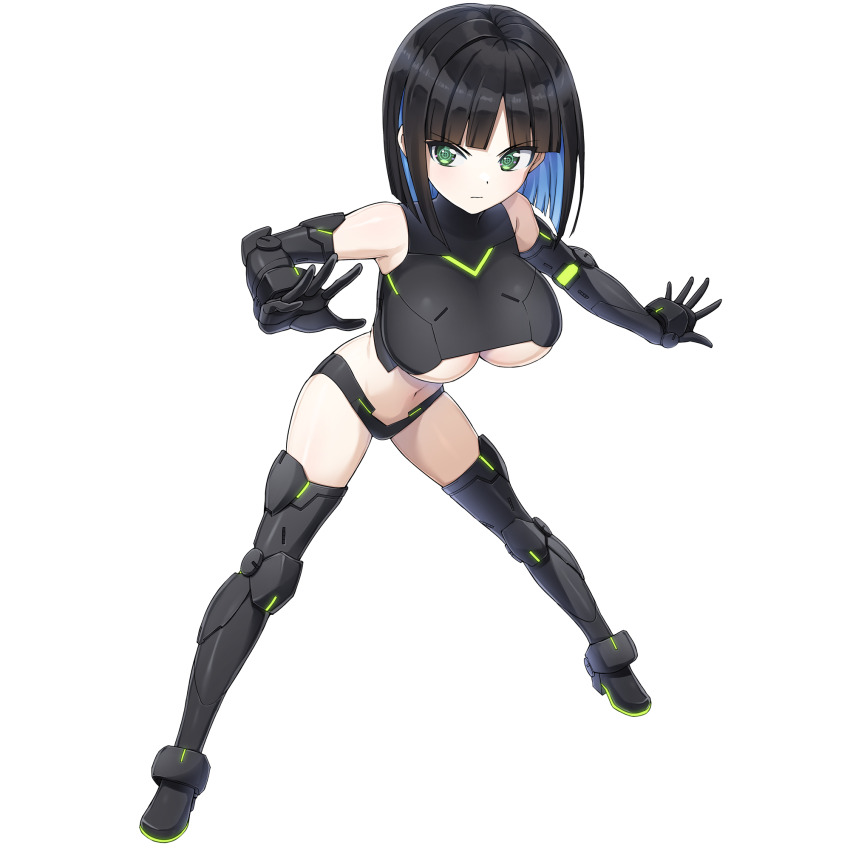 1girl bikini black_bikini black_boots black_gloves black_hair blue_hair bob_cut boots breasts cleavage closed_mouth clothing_cutout colored_inner_hair crosshair_pupils dolphin_wave eines_(dolphin_wave) elbow_gloves game_cg gloves green_eyes highres large_breasts leaning_forward looking_at_viewer multicolored_hair navel non-web_source official_art ootomo_takuji pale_skin serious short_hair solo swimsuit thigh_boots transparent_background underboob_cutout