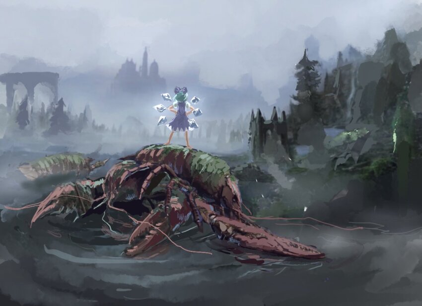 1girl barefoot blue_bow blue_dress blue_hair bow castle cirno commentary crayfish crossover dress elden_ring english_commentary forest full_body giant_crayfish_(elden_ring) hair_bow ice ice_wings lake moss nature outdoors pinafore_dress puffy_short_sleeves puffy_sleeves shirt short_hair short_sleeves sleeveless sleeveless_dress solo touhou white_shirt wide_shot wings zhuxie1264852
