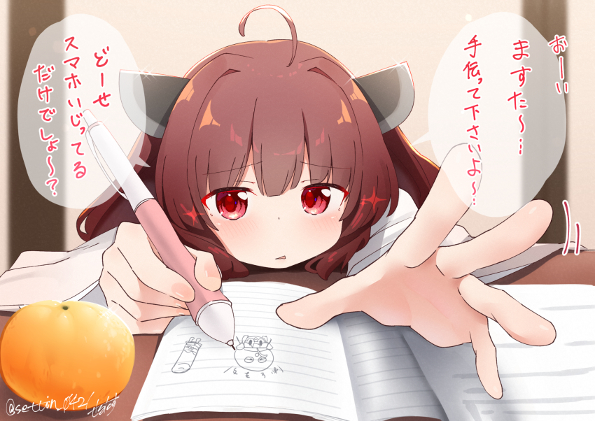ahoge blurry blush brown_hair commentary_request depth_of_field drawing_(action) food fruit hands_on_table highres holding holding_pen indoors japanese_clothes kimono knife_hair_ornament leaning_forward long_sleeves looking_at_viewer open_hand open_mouth orange_(fruit) pen perspective pink_nails reaching reaching_towards_viewer red_eyes sechin sitting sketchbook sparkle speech_bubble straight-on table touhoku_kiritan translation_request voiceroid