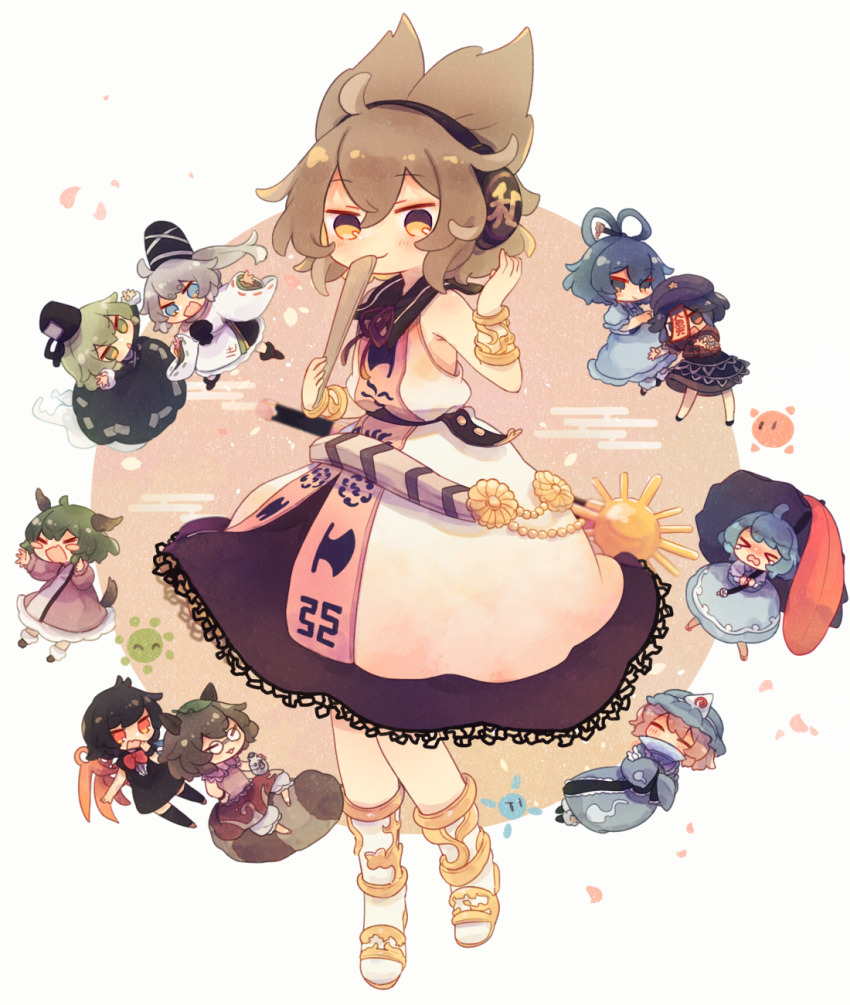 &gt;_&lt; 6+girls :3 ahoge animal_ears ashiyu_(ashu-ashu) belt black_dress black_hair blonde_hair bloomers blouse blue_dress blue_eyes blue_hair blush_stickers bow bowtie bracer brown_hair brown_skirt chibi closed_eyes commentary_request dress earmuffs egasumi fang flip-flops futatsuiwa_mamizou geta ghost_tail green_dress green_eyes green_hair grey_hair hair_ornament hair_rings hair_stick hat highres hitodama houjuu_nue invisible_chair japanese_clothes kaku_seiga karakasa_obake kariginu kasodani_kyouko leaf leaf_on_head looking_at_viewer miyako_yoshika mob_cap mononobe_no_futo multiple_girls neck_ribbon ofuda open_mouth petals pink_dress pink_hair pink_shirt pointy_hair raccoon_ears raccoon_tail red_eyes ribbon ritual_baton saigyouji_yuyuko sailor_collar sandals shirt short_hair sitting skin_fang skirt sleeveless sleeveless_shirt smile soga_no_tojiko tail tatara_kogasa tate_eboshi tears ten_desires thighhighs tokkuri touhou toyosatomimi_no_miko triangular_headpiece umbrella underwear wide_sleeves wings yellow_eyes