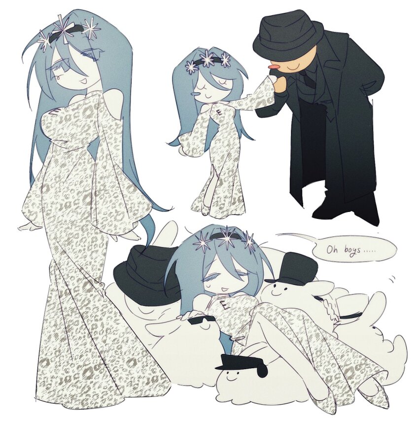 1boy 1girl air_zizon animalization badge bare_shoulders black_hairband blue_eyes blue_hair blush_stickers clothing_cutout colored_skin dream_game dress eunoia_(dream_game) hair_between_eyes hair_ornament hairband highres long_hair mafioso_(dream_game) rabbit roblox shoes shoulder_cutout snowflake_hair_ornament very_long_hair white_dress yellow_skin