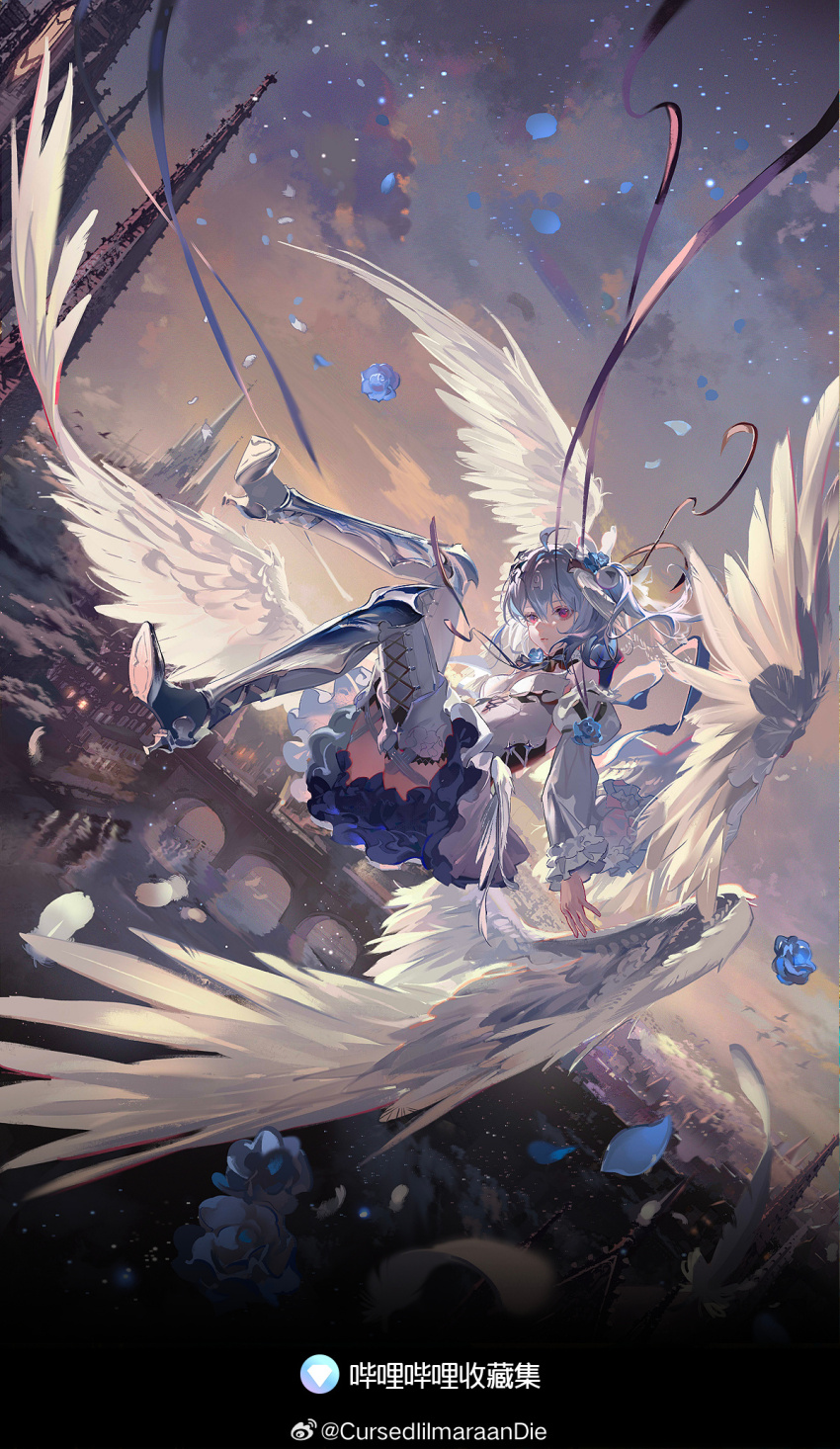 1girl ahoge angel_wings armored_boots bare_shoulders bell belt bili_girl_33 bilibili black_bow black_bowtie black_ribbon bloodytongue666 blue_flower blue_hair blue_rose boots bow bowtie breasts bridge castle center_opening cleavage copyright_name cross-laced_clothes cross-laced_top detached_sleeves dutch_angle eyelashes feathered_wings feathers floating floating_clothes floating_hair flower flower_brooch frilled_sleeves frills full_body hair_bell hair_between_eyes hair_ornament head_wings high_heel_boots high_heels highres juliet_sleeves lace-up_boots lake light_particles long_hair long_sleeves miniskirt multiple_wings official_art outdoors petals petticoat pleated_skirt puffy_sleeves red_eyes reflection reflective_water ribbon rose rose_petals shirt side_ponytail simple_bird skirt sleeve_ribbon solo strapless strapless_shirt striped_belt sunset thigh_belt thigh_boots thigh_strap watermark weibo_watermark white_belt white_boots white_shirt white_skirt white_sleeves white_wings wings