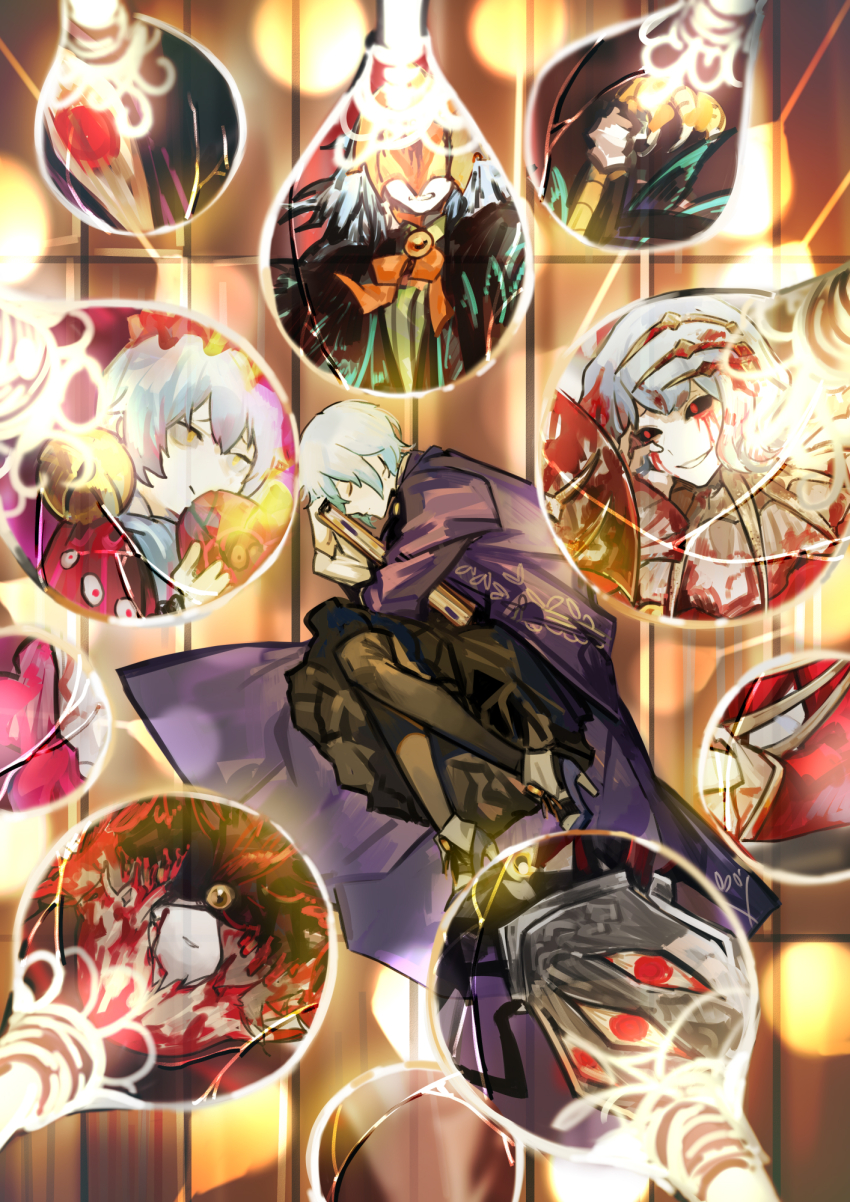 1girl angela_(project_moon) black_pantyhose black_skirt black_swan_(e.g.o) blue_coat blue_hair boots closed_eyes closed_mouth coat e.g.o_(project_moon) fetal_position frilled_skirt frills highres laetitia_(e.g.o) library_of_ruina light_bulb long_sleeves multiple_views nishikujic pantyhose project_moon red_eyes_(e.g.o) sanguine_desire_(e.g.o) short_hair skirt sleeping wooden_floor