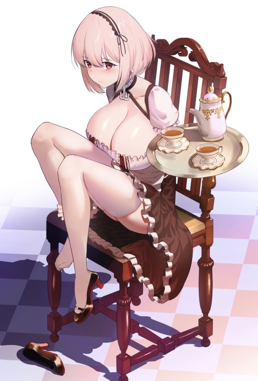 1girl alternate_hair_color anchor_collar azur_lane black_dress black_hairband black_shoes blush bob_cut breasts chair checkered_floor cleavage closed_mouth collarbone commentary cup dress frilled_dress frills hair_between_eyes hairband hand_on_own_leg high_heels highres holding holding_tray huge_breasts knees_up lom_(lom_lom_8) looking_ahead medium_hair nose on_chair pink_hair plate red_eyes ribbon-trimmed_hairband shadow shoes short_sleeves single_shoe sirius_(azur_lane) sitting solo tea teacup teapot thighhighs thighs toes tray two-tone_dress unworn_shoes white_background white_dress white_thighhighs wooden_chair