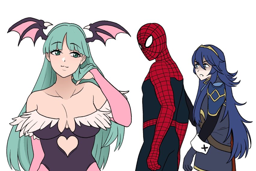 1boy 2girls black_leotard blue_eyes blue_hair breasts distracted_boyfriend_(meme) fire_emblem fire_emblem_awakening green_eyes green_hair head_wings highres leotard long_hair looking_back lucina_(fire_emblem) marvel marvel_vs._capcom marvel_vs._capcom_3 meme morrigan_aensland multiple_girls nintendo seityr spider-man spider-man_(series) strapless strapless_leotard two-tone_bodysuit upper_body darkstalkers white_background wings
