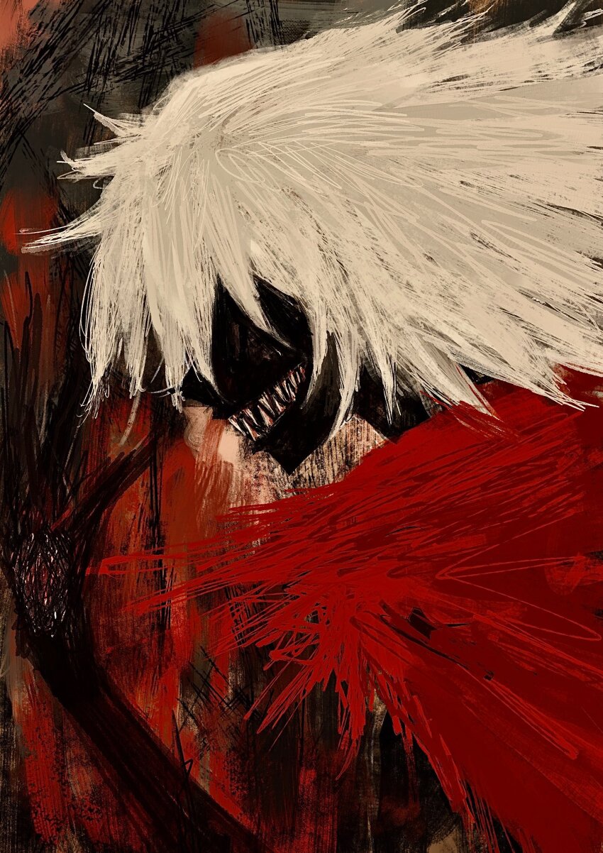 1boy abstract_background black_skin boku_no_hero_academia character_request cloak colored_skin from_side fuyumurasaki grin highres long_hair red_cloak sharp_teeth shigaraki_tomura sketch smile solo teeth upper_body white_hair