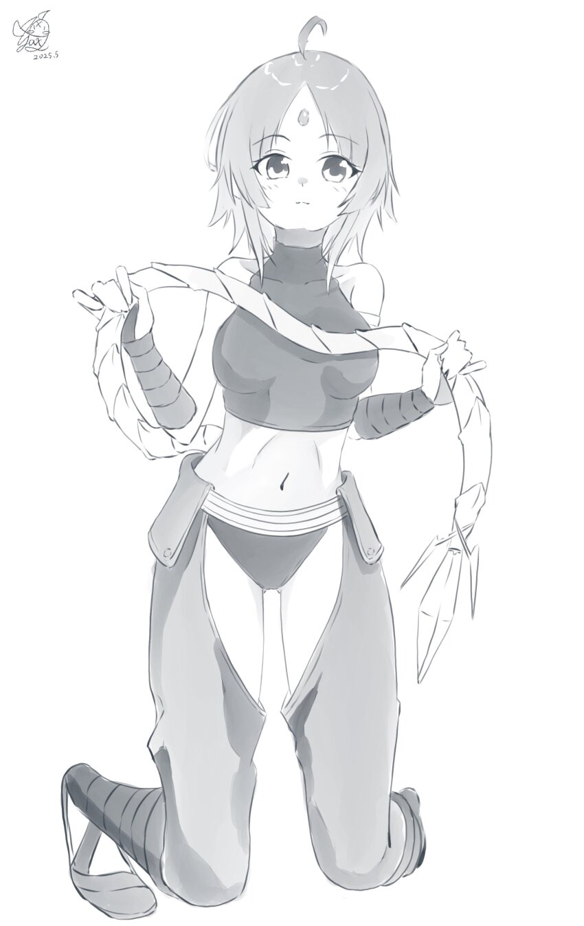 1girl absurdres ahoge bone_tail clothing_cutout clothing_request forehead_jewel highres luicelia_superdia monochrome mushoku_tensei solo tail yayax2