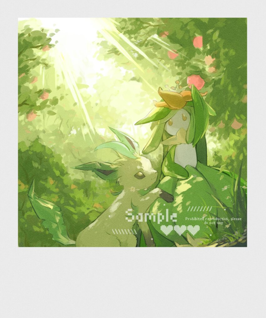 1girl berry brown_eyes brown_fur colored_skin commission crown flower gen_4_pokemon gen_5_pokemon green_fur green_hair green_skin hair_flower hair_ornament highres leafeon lilligant long_hair looking_at_another looking_at_object mini_crown monster_girl multicolored_skin nintendo no_mouth orange_eyes orange_flower outdoors plant_girl plant_hair pokemon pokemon_(creature) robinlovesop simple_background standing sunlight two-tone_skin white_background white_skin yellow_crown yellow_fur