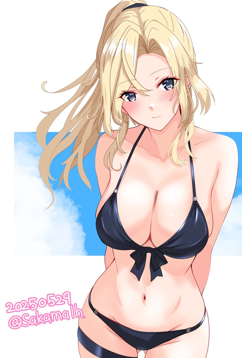 1girl absurdres arms_behind_back artist_name bikini black_bikini blonde_hair blue_eyes blush breasts cleavage commentary_request cowboy_shot dated front-tie_bikini_top front-tie_top gluteal_fold high_side_ponytail highres hornet_(kancolle) kantai_collection large_breasts long_hair looking_at_viewer navel nitamako_(sakamalh) one-hour_drawing_challenge simple_background smile solo stomach swimsuit thigh_strap white_background