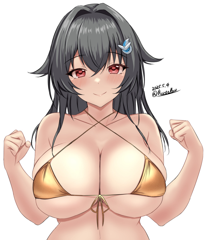 1girl artist_name bikini black_hair blush breasts cleavage closed_mouth collarbone front-tie_bikini_top front-tie_top gold_bikini hair_flaps hair_intakes hair_ornament hairclip highres jingei_(kancolle) kantai_collection large_breasts long_hair looking_at_viewer montemasa red_eyes signature simple_background smile solo swimsuit twitter_username underboob upper_body watermark white_background