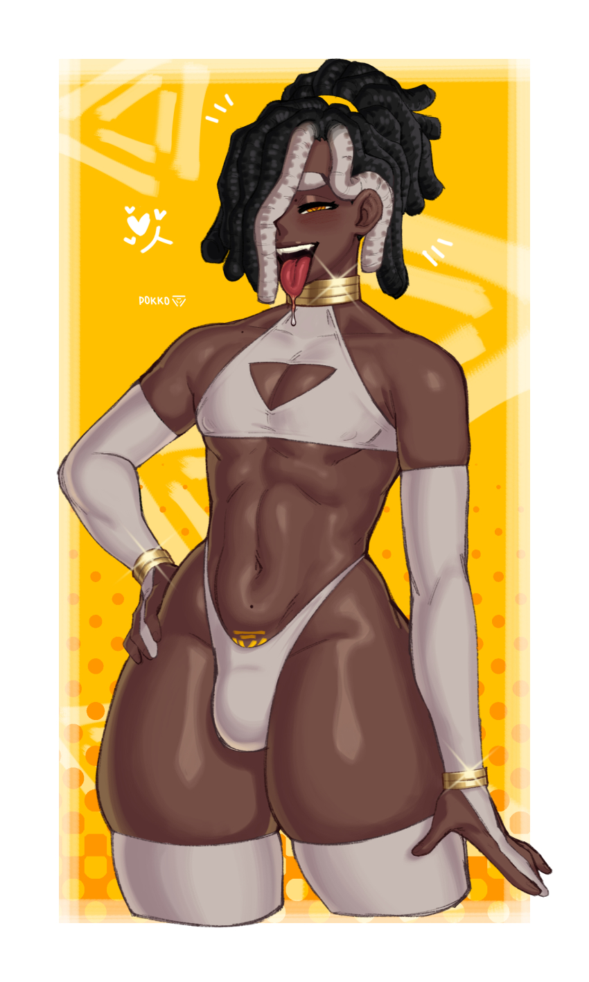 1boy absurdres artist_name black_hair bulge cleavage_cutout clothing_cutout crop_top curvy dark-skinned_male dark_skin dreadlocks gold_collar hair_over_one_eye hand_on_own_hip highres long_hair male_focus multicolored_hair navel open_mouth original panties pocco_(pokkopit) pokkopit saliva solo thighhighs thong tongue tongue_out trap underwear very_dark_skin white_hair white_panties white_thighhighs yellow_eyes