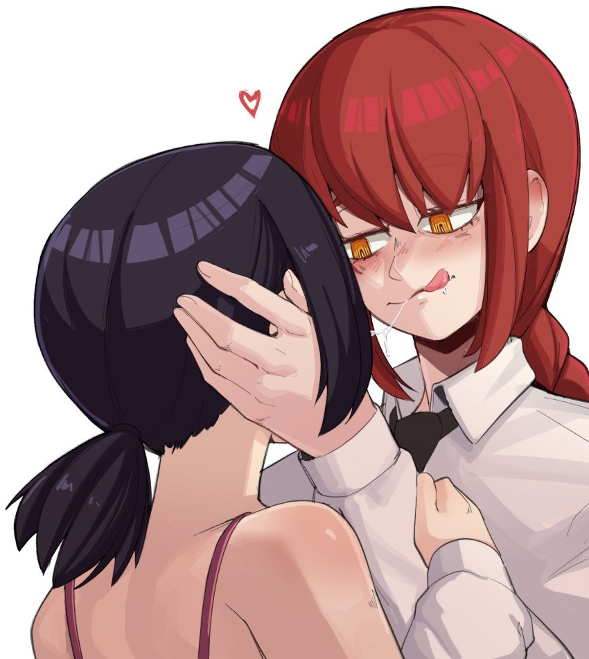2girls black_hair black_neckwear blush bra braid chainsaw_man femdom french_kiss heart higashiyama_kobeni highres kiss licking_lips long_hair long_sleeves makima_(chainsaw_man) multiple_girls necktie nudiedoodles pink_bra red_hair saliva saliva_trail shirt smile tongue tongue_out underwear white_background white_shirt yellow_eyes yuri